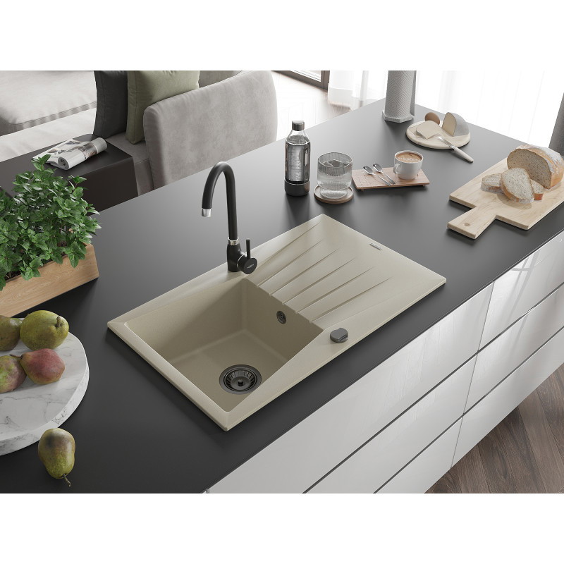 Mexen Cesar granitinė vienos kameros kriauklė su lašėjimu 775 x 470 mm, smėlinė, juodas sifonas - 6514771010-69-B
