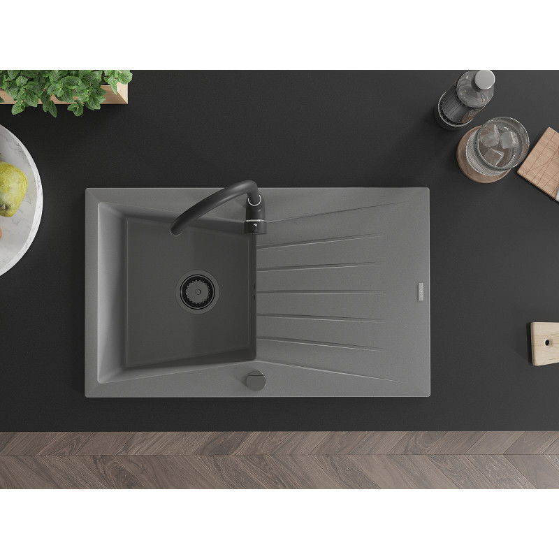 Mexen Cesar granito plautuvė su viena kamera ir nusausintuvu 775 x 470 mm, pilka, juodas sifonas - 6514771010-71-B