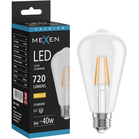 Mexen Vintis LED filamentinė lemputė E27, ST64, 6W, Šilta - 2700K, 720 lm, skaidri - L152-E27-0627-00