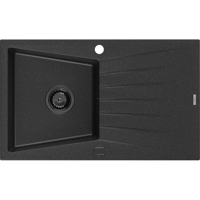 Mexen Cesar granitinė vieno dubens kriauklė su nusausinimo lentyna 775 x 470 mm, juoda/sidabrinė metaliko, juodas sifonas