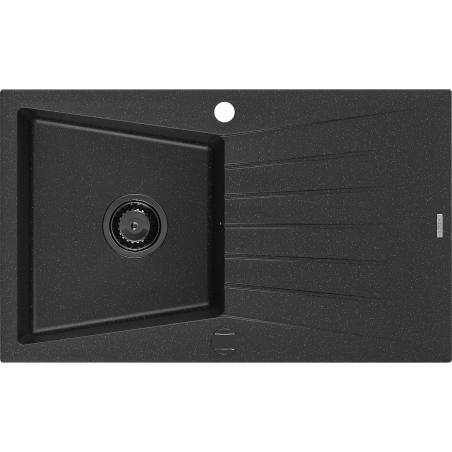 Mexen Cesar granitinė vieno dubens kriauklė su nusausinimo lentyna 775 x 470 mm, juoda/sidabrinė metaliko, juodas sifonas