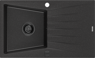 Mexen Cesar granitinė vieno dubens kriauklė su nusausinimo lentyna 775 x 470 mm, juoda/sidabrinė metaliko, juodas sifonas