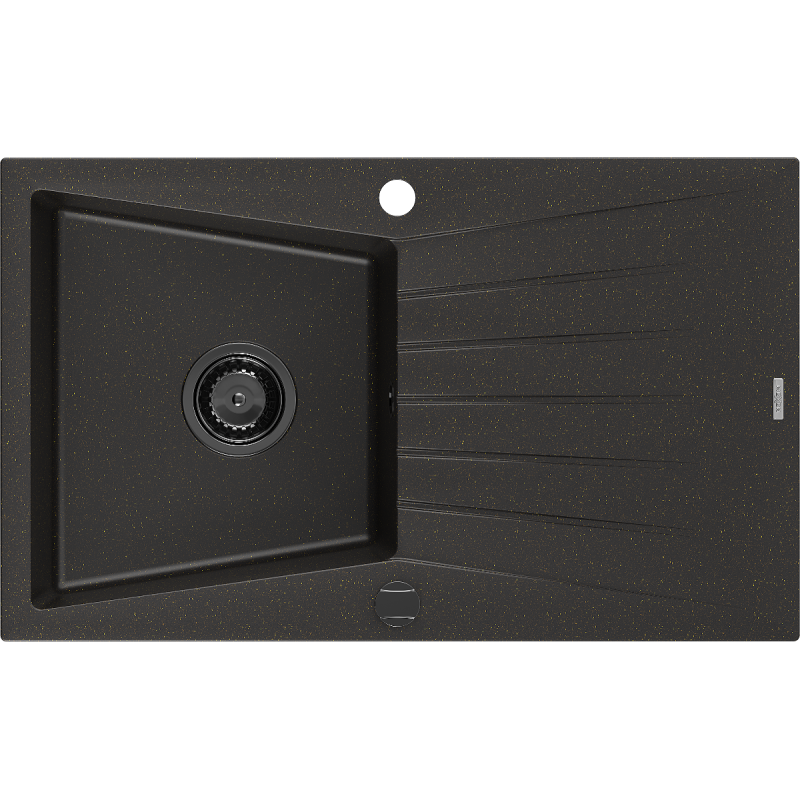 Mexen Cesar granitinė vienos kameros kriauklė su nuvarvėjimu 775 x 470 mm, juoda/auksinė metalo spalva, juodas sifonas