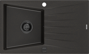 Mexen Cesar granitinė vienos kameros kriauklė su nuvarvėjimu 775 x 470 mm, juoda/auksinė metalo spalva, juodas sifonas