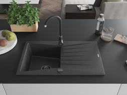 Mexen Cesar vienguba granitinė plautuvė su džiovykle 775 x 470 mm, Juodai dėmėtas, sifonas Juoda - 6514771010-76-B