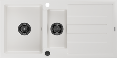 Mexen Andres granitinė 1,5 kamerų kriauklė su nutekėjimu 1000 x 500 mm, balta, juodas sifonas - 6515101510-20-B