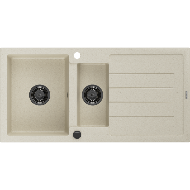 Mexen Andres granitinė dviejų skyrių kriauklė su lašeliu 1000 x 500 mm, smėlio spalvos, juodas sifonas - 6515101510-69-B