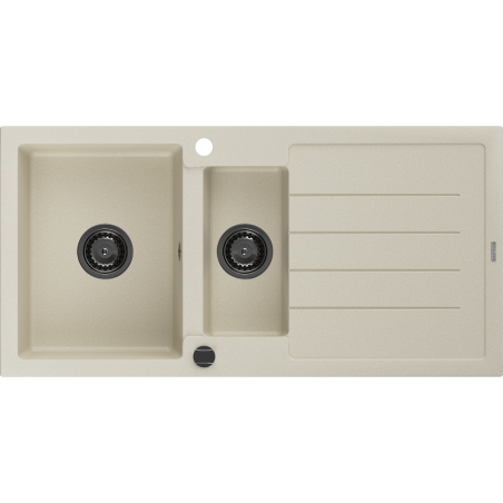 Mexen Andres granitinė dviejų skyrių kriauklė su lašeliu 1000 x 500 mm, smėlio spalvos, juodas sifonas - 6515101510-69-B