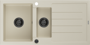 Mexen Andres granitinė dviejų skyrių kriauklė su lašeliu 1000 x 500 mm, smėlio spalvos, juodas sifonas - 6515101510-69-B