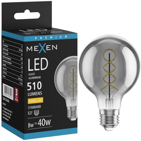 Mexen Vintis LED kaitrinė spiralės lemputė E27, G80, 8W, šilta - 2700K, 510 lm, dūminė - L165-E27-0827-70