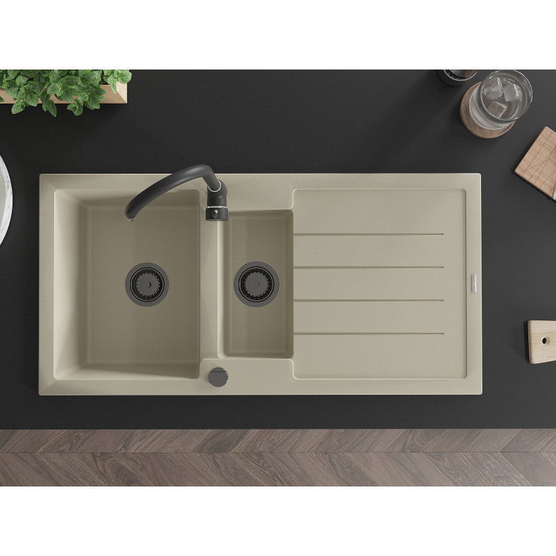 Mexen Andres granitinė dviejų skyrių kriauklė su lašeliu 1000 x 500 mm, smėlio spalvos, juodas sifonas - 6515101510-69-B