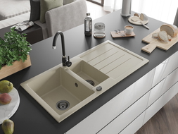 Mexen Andres granitinė dviejų skyrių kriauklė su lašeliu 1000 x 500 mm, smėlio spalvos, juodas sifonas - 6515101510-69-B