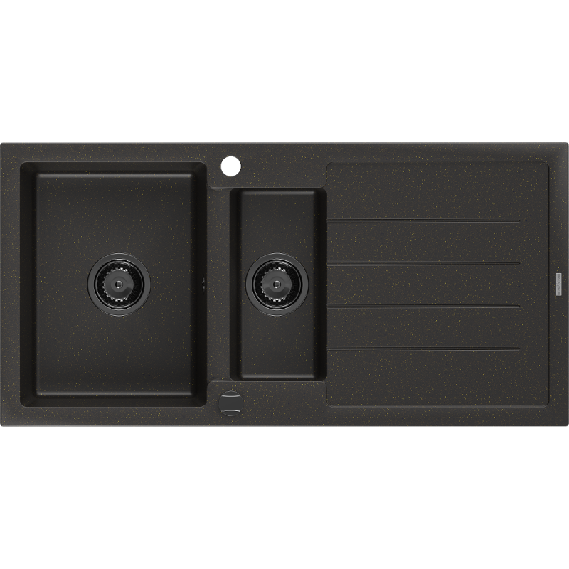 Mexen Andres granitinė 1,5 skyrių kriauklė su drenažu 1000 x 500 mm juodas/auksinis metalo efektas, juodas sifonas