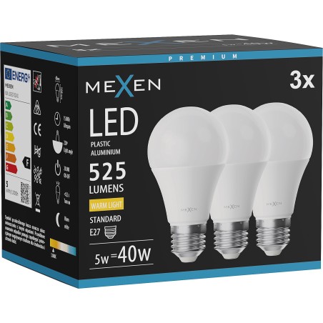 Mexen Nova 3x LED lemputė E27, A60, 5W, Šilta - 3000K, 525 lm - L100-E27-0530-01x03