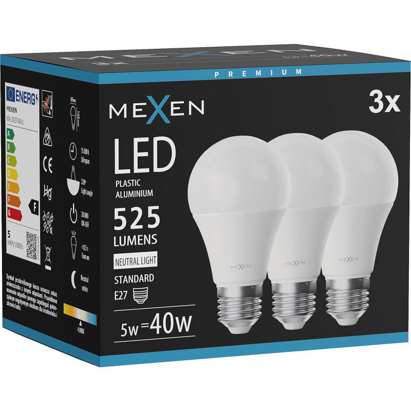 Mexen Nova 3x LED lemputė E27, A60, 5W, Neutrali - 4000K, 525 lm - L100-E27-0540-01x03