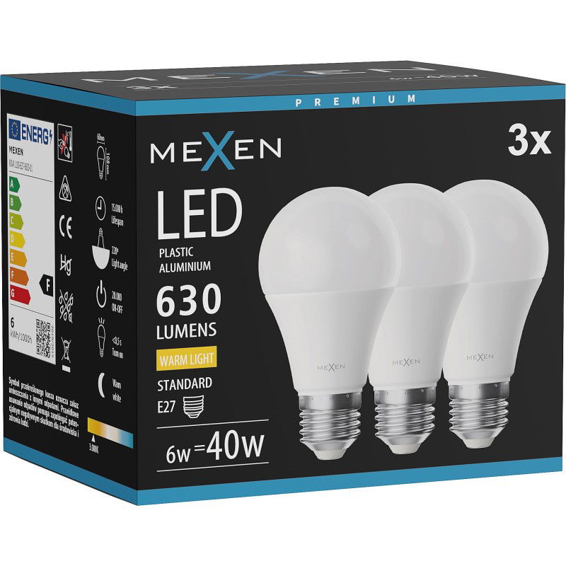 Mexen Nova 3x LED lemputė E27, A60, 6W, Šilta - 3000K, 630 lm - L100-E27-0630-01x03