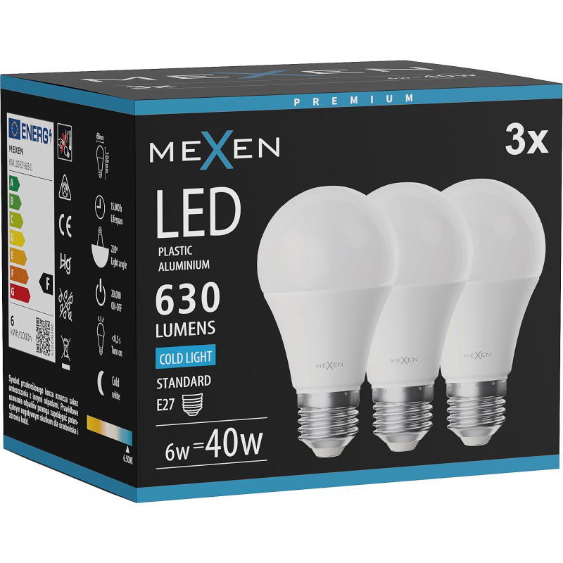 Mexen Nova 3x LED lemputė E27, A60, 6W, Šalta - 6500K, 630 lm - L100-E27-0665-01x03
