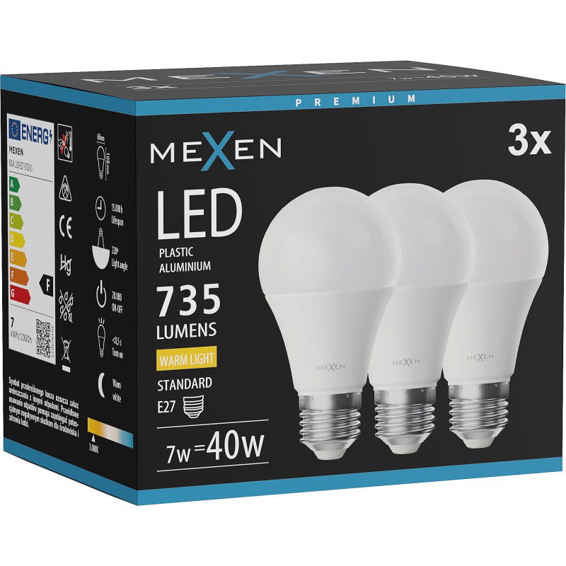 Mexen Nova 3x LED lemputė E27, A60, 7W, Šilta - 3000K, 735 lm - L100-E27-0730-01x03