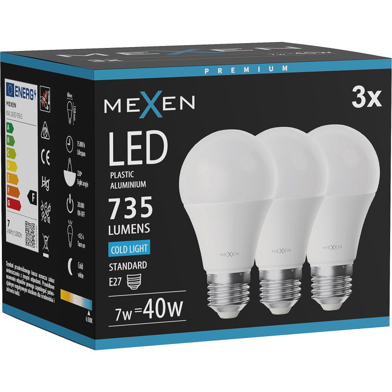 Mexen Nova 3x LED lemputė E27, A60, 7W, Šalta - 6500K, 735 lm - L100-E27-0765-01x03