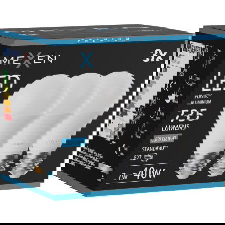 Mexen Nova 3x LED lemputė E27, A60, 7W, Šalta - 6500K, 735 lm - L100-E27-0765-01x03