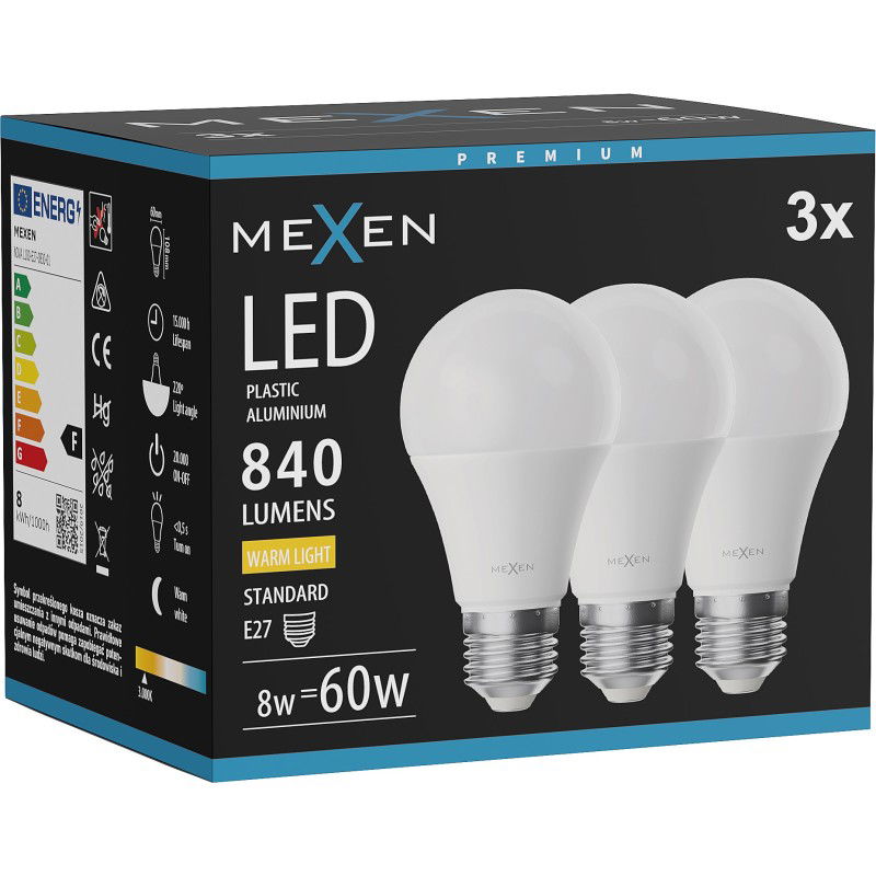 Mexen Nova 3x LED lemputė E27, A60, 8W, Šilta - 3000K, 840 lm - L100-E27-0830-01x03