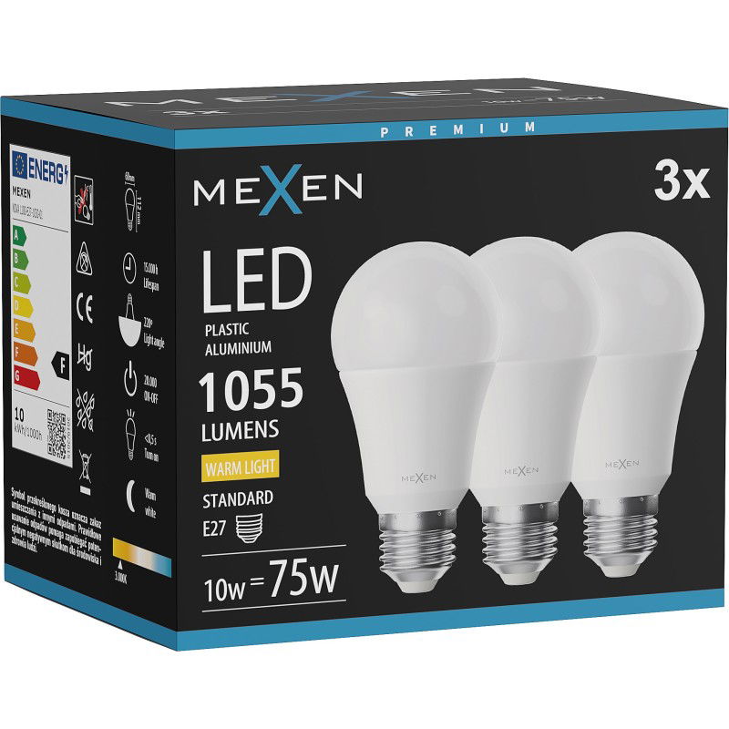 Mexen Nova 3x LED lemputė E27, A60, 10W, Šilta - 3000K, 1055 lm - L100-E27-1030-01x03