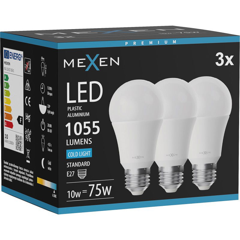 Mexen Nova 3x LED lemputė E27, A60, 10W, Šalta - 6500K, 1055 lm - L100-E27-1065-01x03