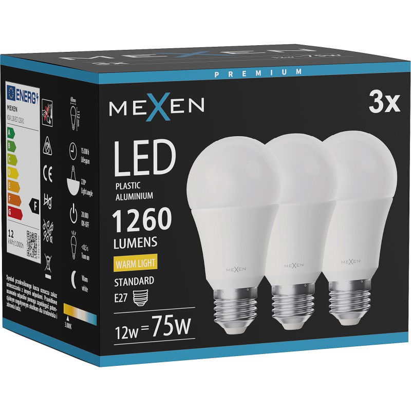 Mexen Nova 3x LED lemputė E27, A60, 12W, Šilta - 3000K, 1260 lm - L100-E27-1230-01x03