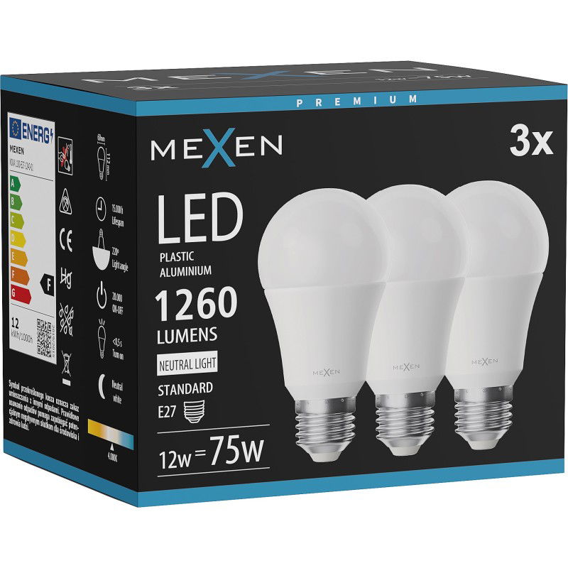 Mexen Nova 3x LED lemputė E27, A60, 12W, Neutrali - 4000K, 1260 lm - L100-E27-1240-01x03