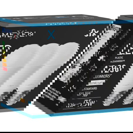 Mexen Nova 3x LED lemputė E27, A60, 12W, Neutrali - 4000K, 1260 lm - L100-E27-1240-01x03