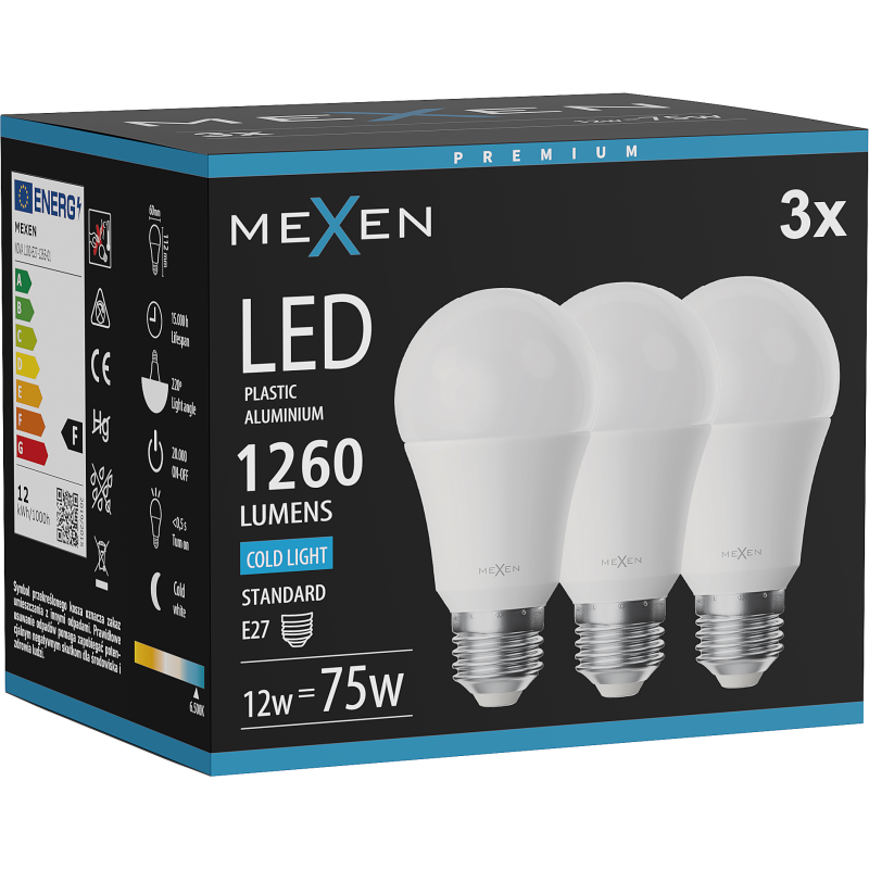 Mexen Nova 3x LED lemputė E27, A60, 12W, Šalta - 6500K, 1260 lm - L100-E27-1265-01x03