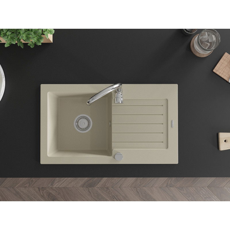 Mexen Pablo vienos dubenėlės granitinis plautuvė su nutekėjimu 752 x 436 mm, smėlio spalvos, chromuotas sifonas - 6510751010-69