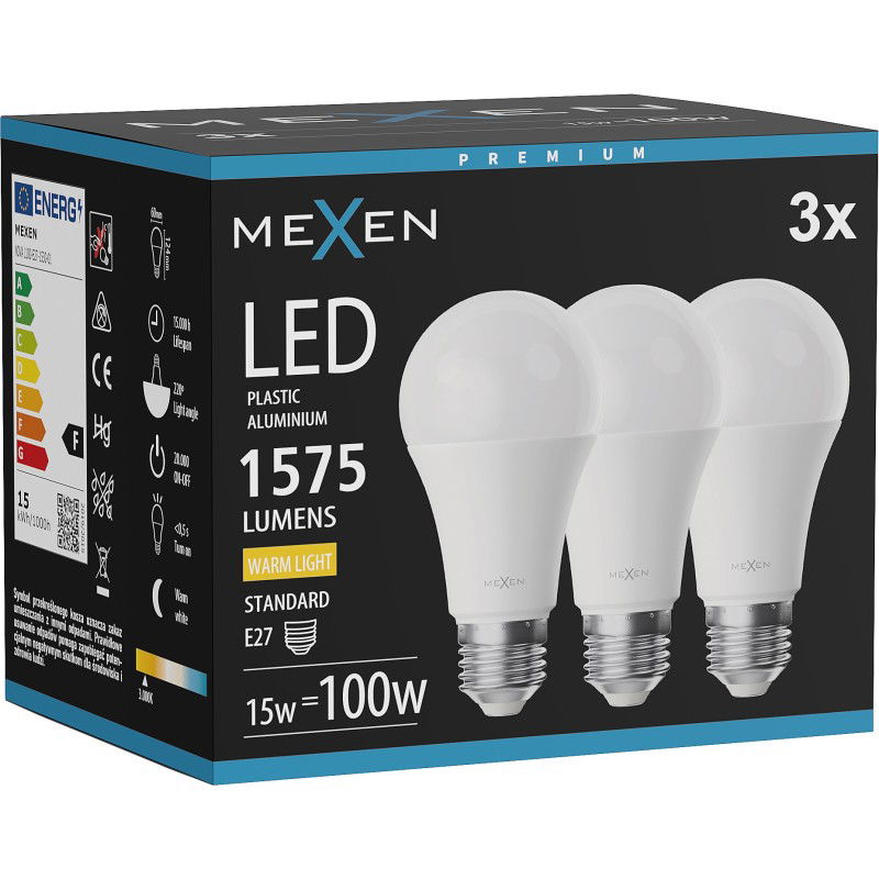 Mexen Nova 3x LED lemputė E27, A60, 15W, Šilta - 3000K, 1575 lm - L100-E27-1530-01x03