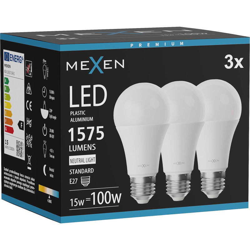 Mexen Nova 3x LED lemputė E27, A60, 15W, Neutrali - 4000K, 1575 lm - L100-E27-1540-01x03