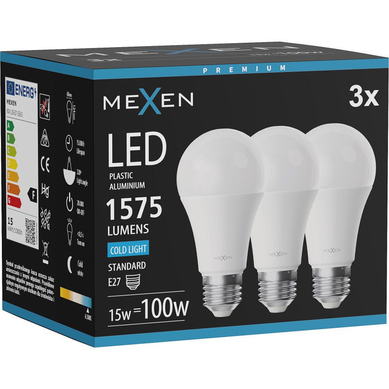 Mexen Nova 3x LED lemputė E27, A60, 15W, Šalta - 6500K, 1575 lm - L100-E27-1565-01x03