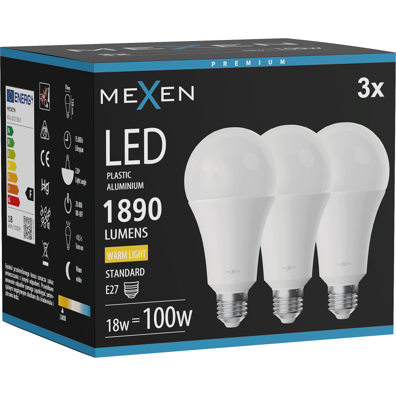 Mexen Nova 3x LED lemputė E27, A70, 18W, Šilta - 3000K, 1890 lm - L100-E27-1830-01x03