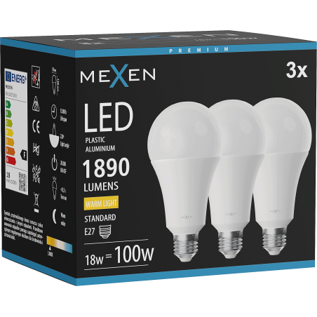 Mexen Nova 3x LED lemputė E27, A70, 18W, Šilta - 3000K, 1890 lm - L100-E27-1830-01x03