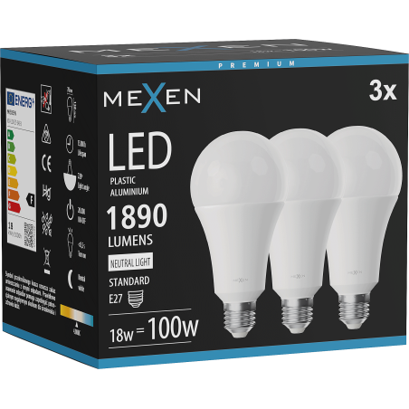 Mexen Nova 3x LED lemputė E27, A70, 18W, Neutrali - 4000K, 1890 lm - L100-E27-1840-01x03