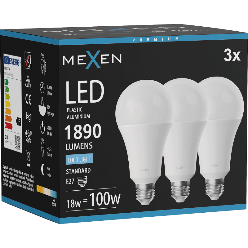 Mexen Nova 3x LED lemputė E27, A70, 18W, Šalta - 6500K, 1890 lm - L100-E27-1865-01x03