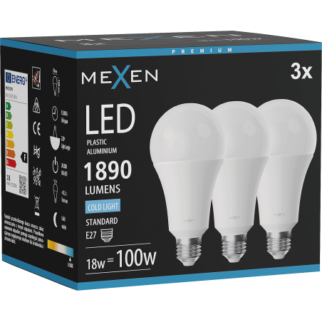 Mexen Nova 3x LED lemputė E27, A70, 18W, Šalta - 6500K, 1890 lm - L100-E27-1865-01x03