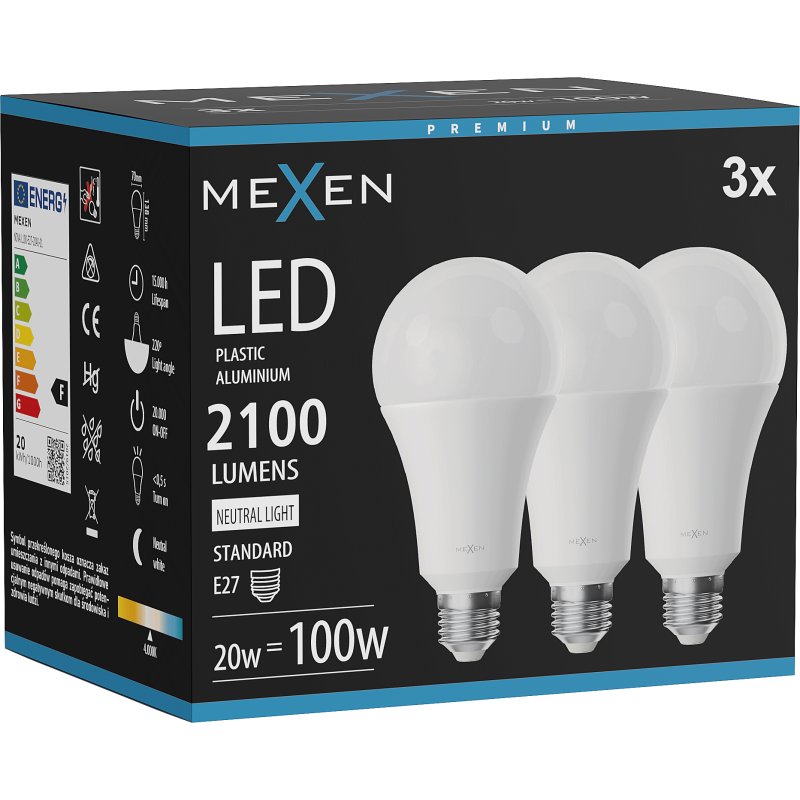 Mexen Nova 3x LED lemputė E27, A70, 20W, Neutrali - 4000K, 2100 lm - L100-E27-2040-01x03