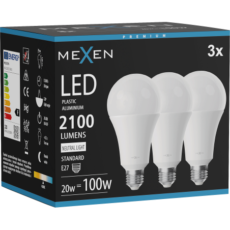 Mexen Nova 3x LED lemputė E27, A70, 20W, Neutrali - 4000K, 2100 lm - L100-E27-2040-01x03