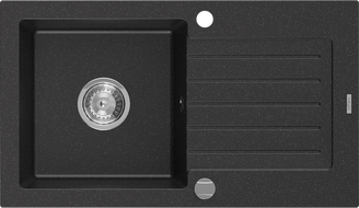 Mexen Pablo granitinė plautuvė su viena kamera ir lašintuvu 752 x 436 mm, juoda/sidabrinė metalo spalva, chromuota sifonas