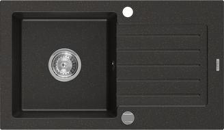 Mexen Pablo granitinė vienos kameros plautuvė su nutekėjimu 752 x 436 mm, juoda/auksinė metalizuota, chromuoto sifono
