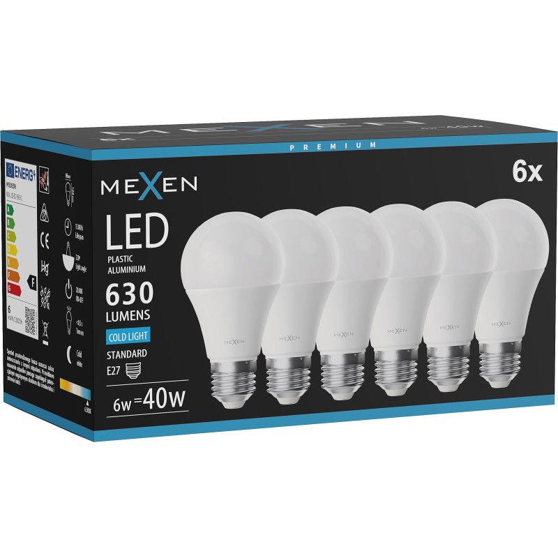 Mexen Nova 6x LED lemputė E27, A60, 6W, šalta - 6500K, 630 lm - L100-E27-0665-01x06