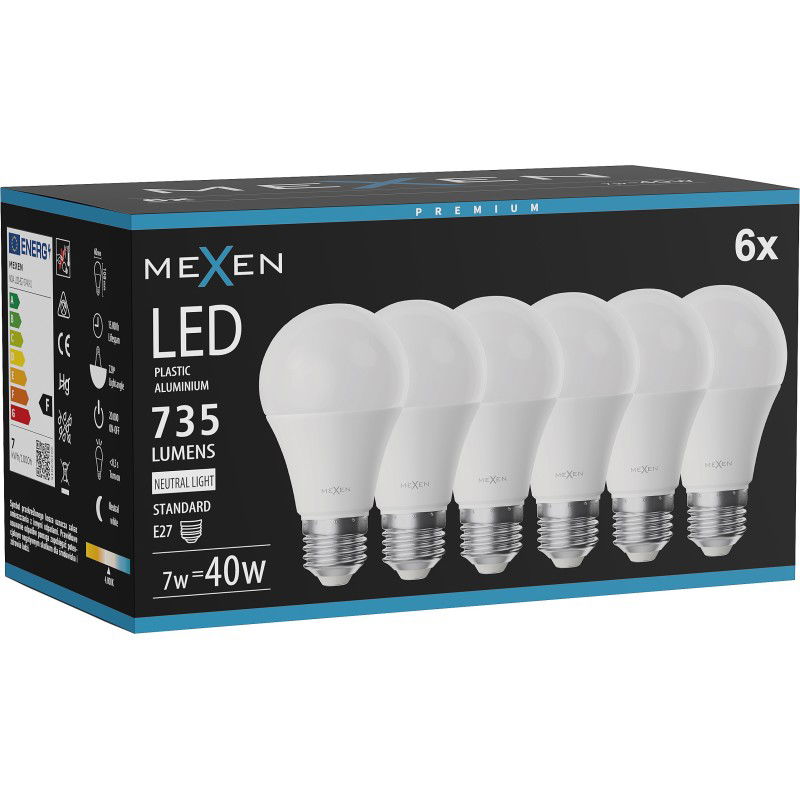 Mexen Nova 6x LED lemputė E27, A60, 7W, Neutrali - 4000K, 735 lm - L100-E27-0740-01x06