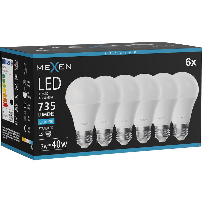 Mexen Nova 6x LED Lemputė E27, A60, 7W, Šalta - 6500K, 735 lm - L100-E27-0765-01x06