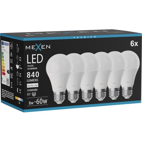 Mexen Nova 6x LED lemputė E27, A60, 8W, Neutrali - 4000K, 840 lm - L100-E27-0840-01x06