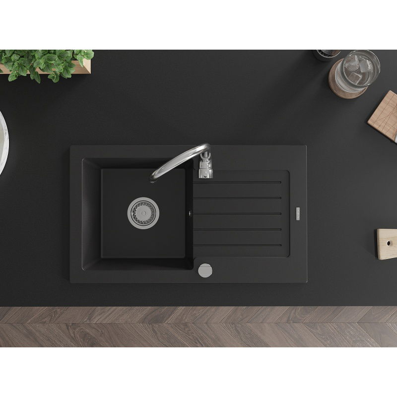 Mexen Pablo granitinis vienos kameros plautuvas su nusausintuvu 752 x 436 mm, juodas, sifonas chromuotas - 6510751010-77
