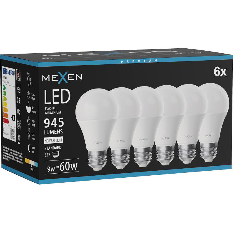 Mexen Nova 6x LED lemputė E27, A60, 9W, Neutrali - 4000K, 945 lm - L100-E27-0940-01x06